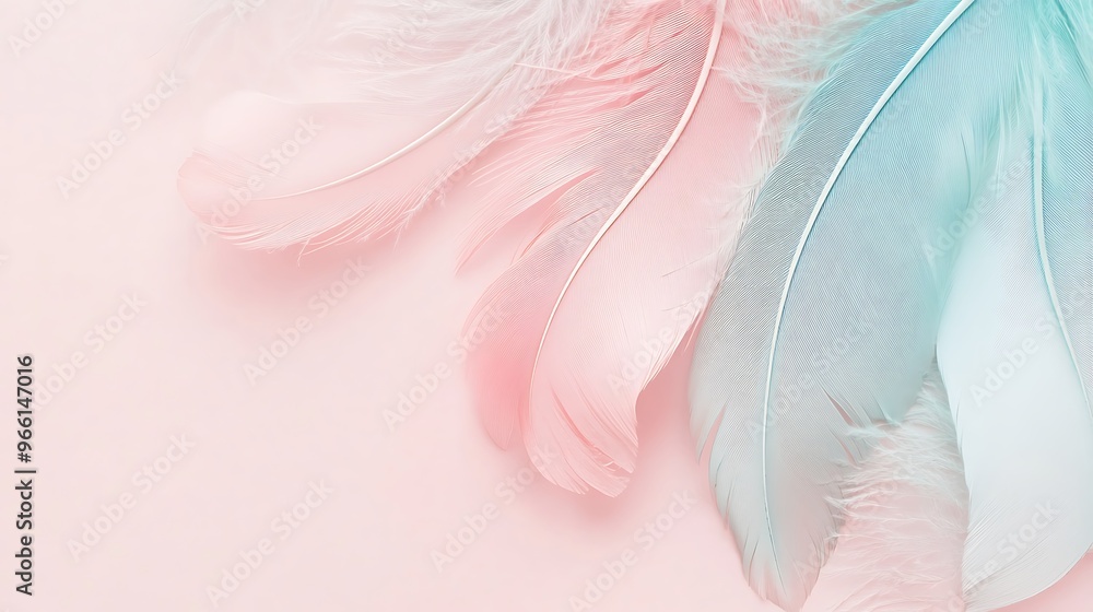 Naklejka premium Delicate Pastel Pink and Blue Feathers on Pink Background
