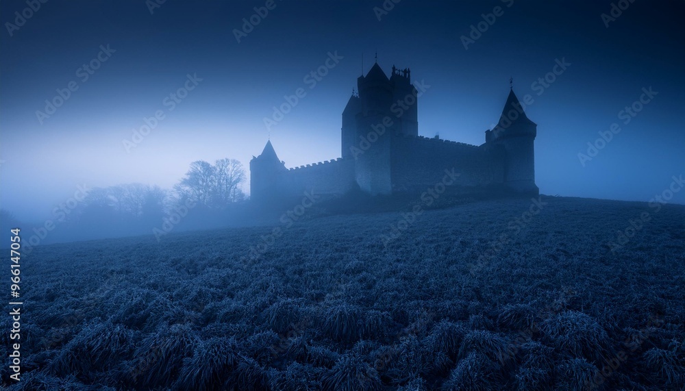 Naklejka premium Pueblo medieval en tarde de niebla 