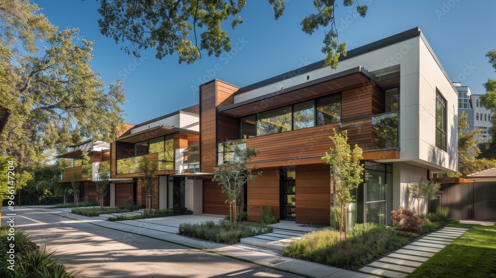 A sleek duplex with mirrored exterior designs, a shared driveway, and contemporary landscaping A sleek duplex with mirrored exterior designs, a shared driveway, and contemporary landscaping
