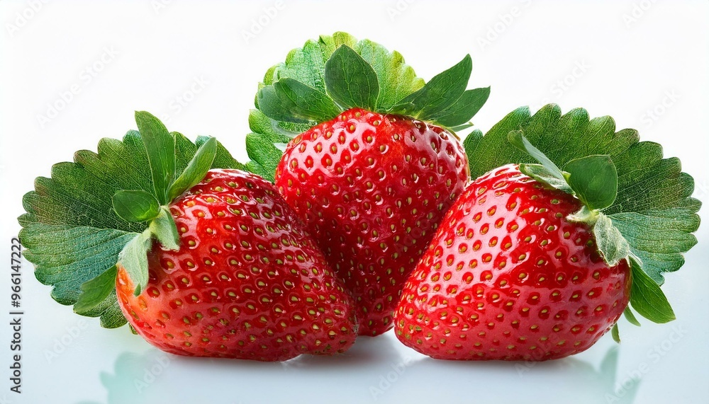 Three ripe strawberries with green leaves. Three ripe strawberries with green leaves.