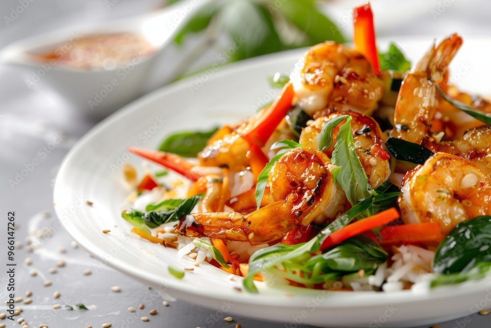 Shrimp stir-fry with vegetables and sesame seeds Shrimp stir-fry with vegetables and sesame seeds
