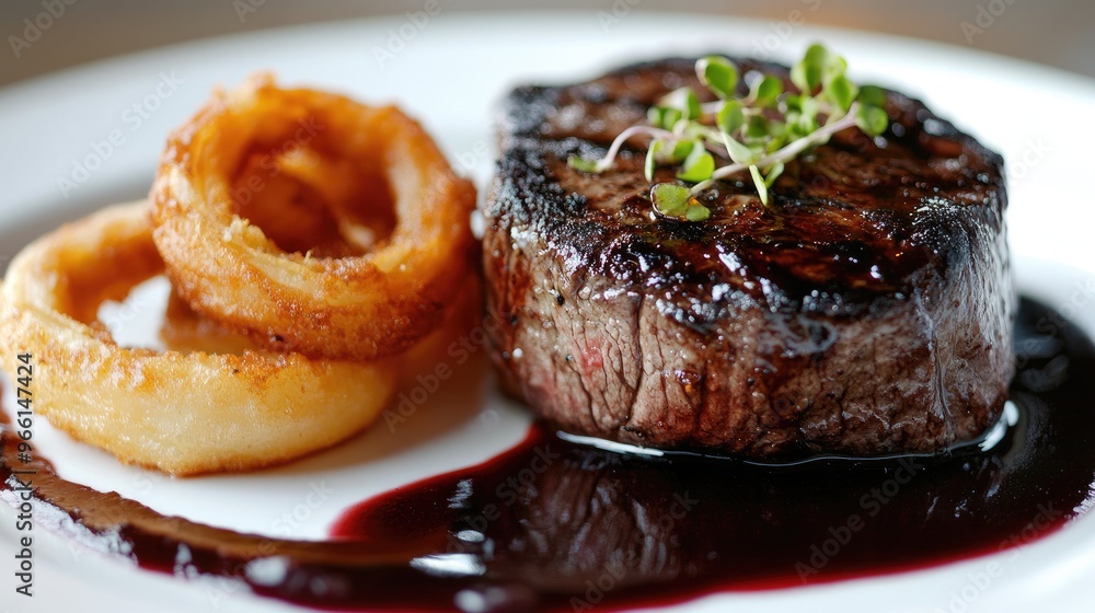 A beautifully plated steak dinner featuring a succulent filet mignon, with a rich red wine reduction sauce, served with a side of crispy onion rings. A beautifully plated steak dinner featuring a succulent filet mignon, with a rich red wine reduction sauce, served with a side of crispy onion rings.