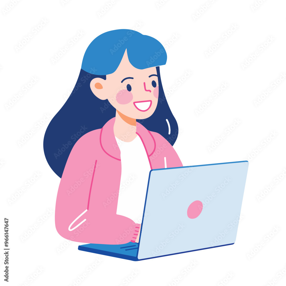 A woman smiling while sitting at her laptop, flat illustration style, white background
A woman smiling while sitting at her laptop, flat illustration style, white background