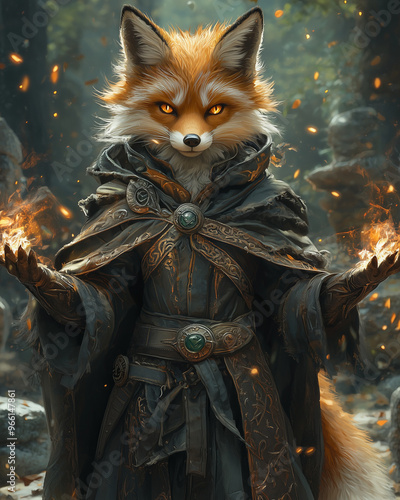 fox beastfolk mage with fiery glowing hands standing in a mystical forest surrounded by magical embers