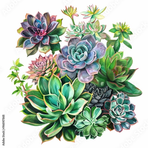 A vibrant watercolor illustration of various succulent plants arranged beautifully.