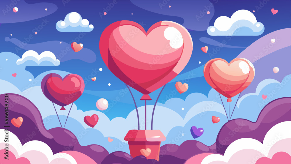 Valentines day with heart balloons flying and clouds. Paper cut style. Vector illustration Valentines day with heart balloons flying and clouds. Paper cut style. Vector illustration