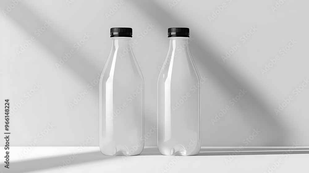 Two Blank Clear Plastic Bottles with Black Caps Mockup Two Blank Clear Plastic Bottles with Black Caps Mockup