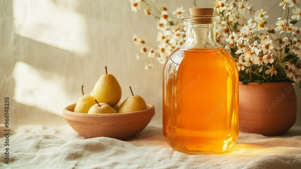 Large Glass Bottle of Honey with Pears and Flowers in Soft Sunlight - AI generated illustration Large Glass Bottle of Honey with Pears and Flowers in Soft Sunlight - AI generated illustration