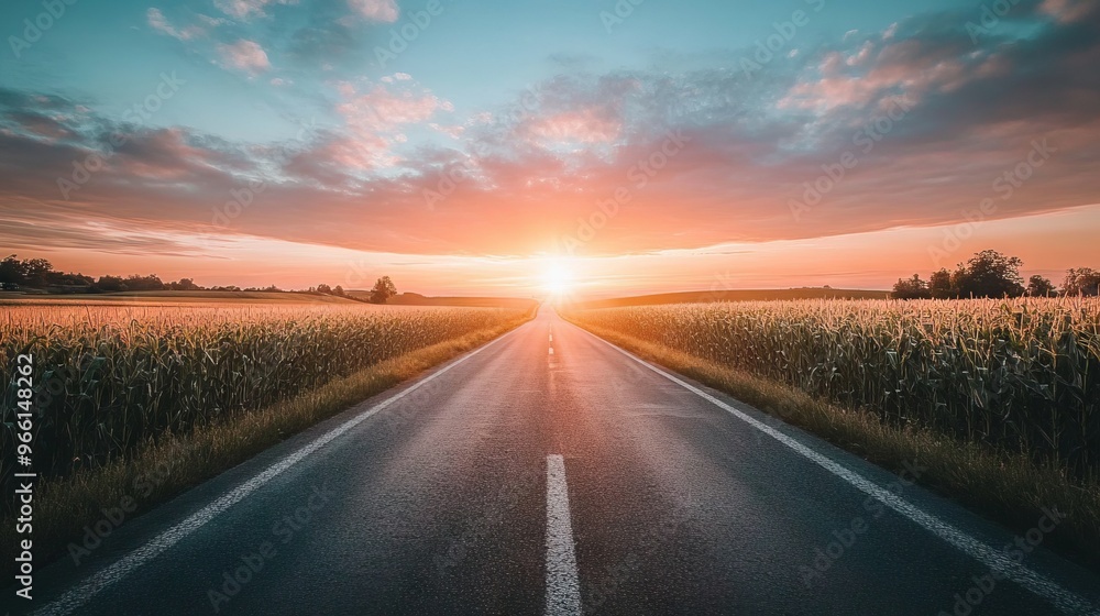 Naklejka premium Road Through a Cornfield at Sunset - AI generated illustration