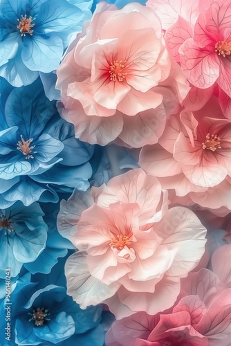 A close up of a bouquet of flowers with blue, pink and white flowers