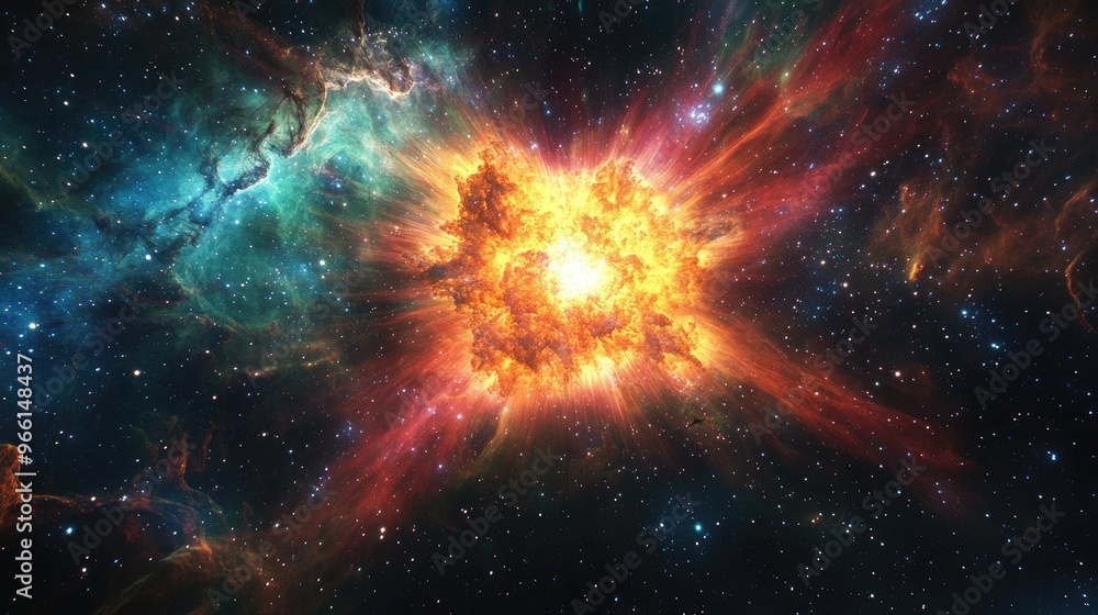 Fototapeta premium A colorful supernova explodes within a nebula, radiating energy and light across a vast field of distant stars.