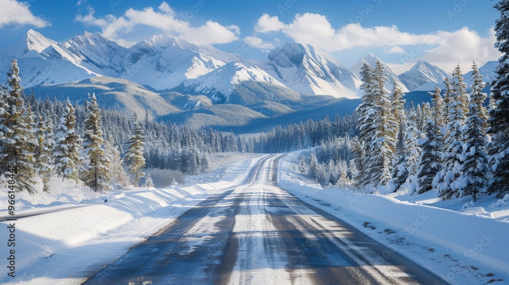 A snowy mountain road with freshly fallen snow on the ground, evergreen trees dusted with snow, and a distant view of majestic peaks A snowy mountain road with freshly fallen snow on the ground, evergreen trees dusted with snow, and a distant view of majestic peaks