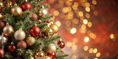 Christmas Tree With Ornament And Bokeh Lights In Red Background