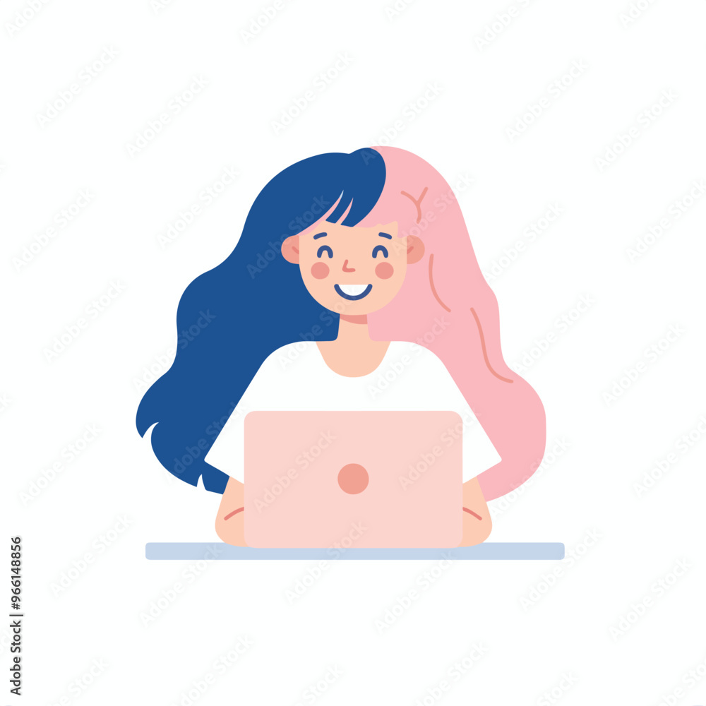 Obraz premium A woman smiling while sitting at her laptop, flat illustration style, white background 
