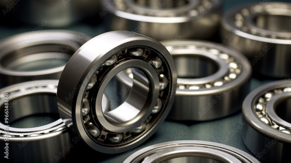 Set of deep groove ball and roller bearings on a gray background with soft focus. Neural network ai generated art Set of deep groove ball and roller bearings on a gray background with soft focus. Neural network ai generated art