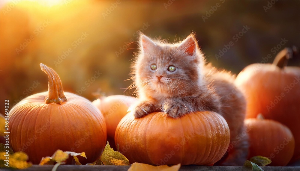 beautiful fluffy cat sits on pumpkins against the background of autumn leaves beautiful fluffy cat sits on pumpkins against the background of autumn leaves