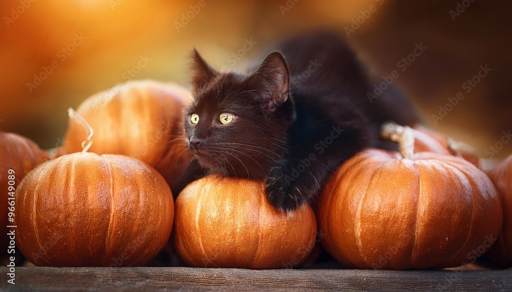 beautiful fluffy cat sits on pumpkins against the background of autumn leaves beautiful fluffy cat sits on pumpkins against the background of autumn leaves