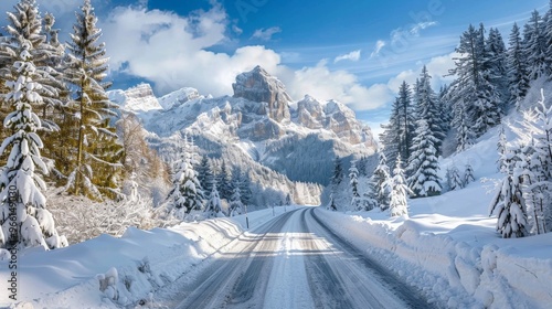 A snowy mountain road with freshly fallen snow on the ground, evergreen trees dusted with snow, and a distant view of majestic peaks