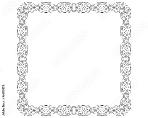 Square frame with Precious stones and plants - vector linear drawing for coloring in magical, elven style. Outline. Frame for creating ornaments, template for creativity.