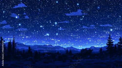 Pixel Art Night Sky with Bright Stars, White Clouds, and Layers of Forest, Rolling Hills, and Glowing Horizon