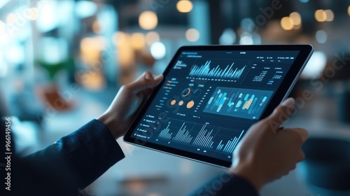 A business professional analyzing a 3D bar graph on a tablet, with interactive features and detailed data points visible on the screen in a modern office setting