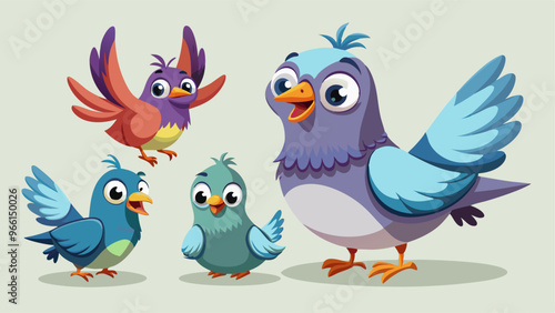 Cute pigeon and sparrow cartoon character. Vector illustration set of comic bird in different poses and with face emotions. Urban dove and robin mascot with beak and wings standing and sitting.