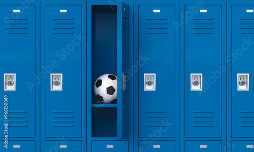 Soccer ball sitting in open blue locker in school hallway