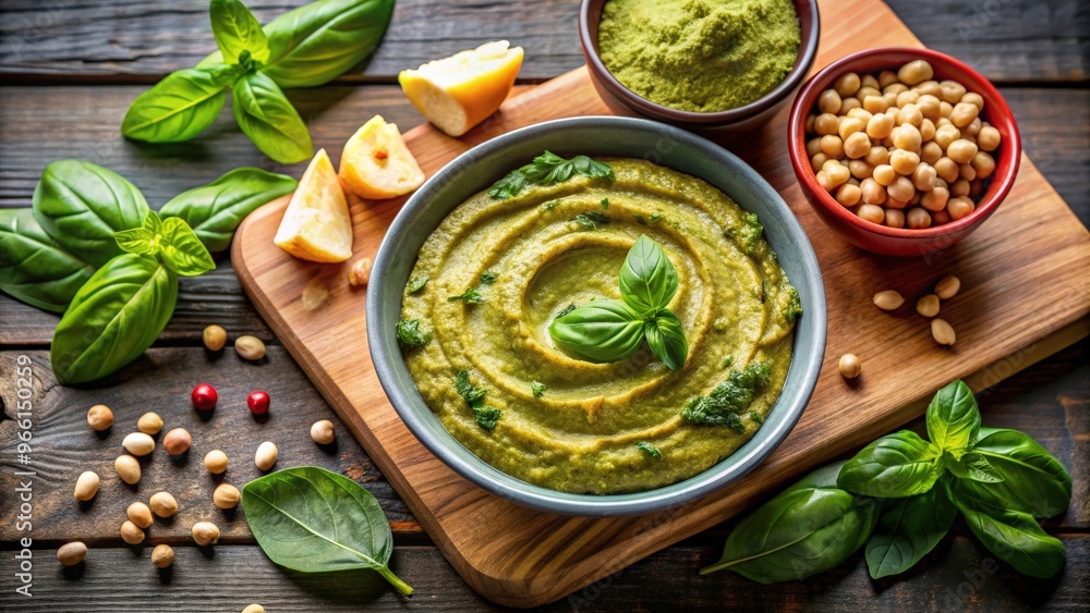 A delicious fusion of basil pesto and hummus, perfect for dipping or spreading A delicious fusion of basil pesto and hummus, perfect for dipping or spreading
