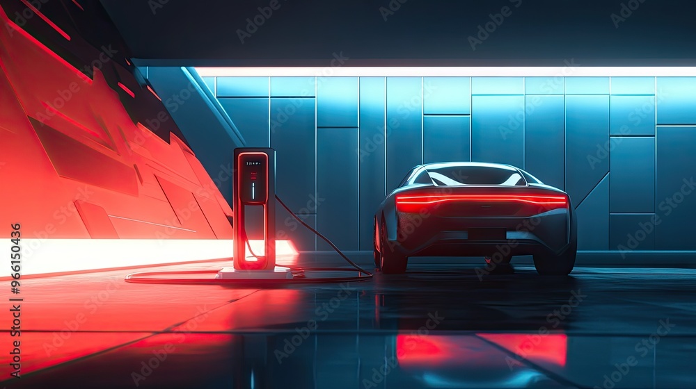 A glowing EV plug-in charger against a futuristic backdrop of abstract monochromatic shapes, reflecting innovation in electric vehicles. A glowing EV plug-in charger against a futuristic backdrop of abstract monochromatic shapes, reflecting innovation in electric vehicles.