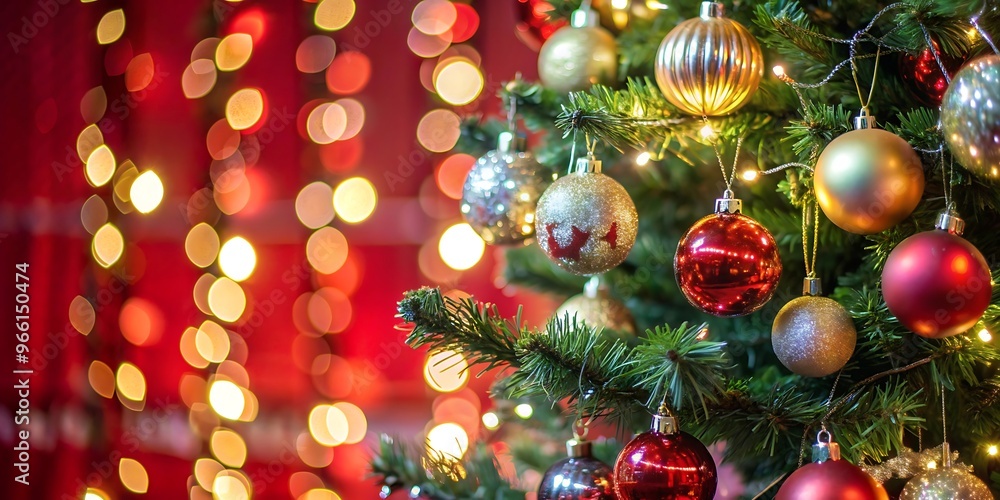 Christmas Tree With Ornament And Bokeh Lights In Red Background Christmas Tree With Ornament And Bokeh Lights In Red Background