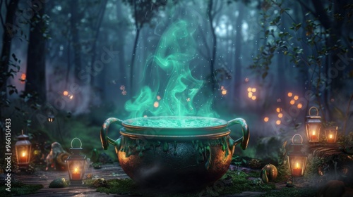 Mystical forest scene with a glowing cauldron emitting green smoke, surrounded by lanterns and ethereal lights at dusk.