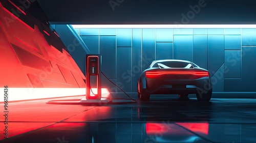 A glowing EV plug-in charger against a futuristic backdrop of abstract monochromatic shapes, reflecting innovation in electric vehicles.