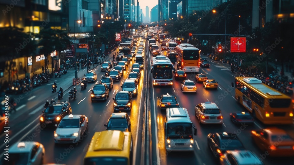 A bustling city street with heavy traffic, featuring cars, buses, and motorcycles in motion, captured from a high vantage point to showcase the busy urban environment. A bustling city street with heavy traffic, featuring cars, buses, and motorcycles in motion, captured from a high vantage point to showcase the busy urban environment.