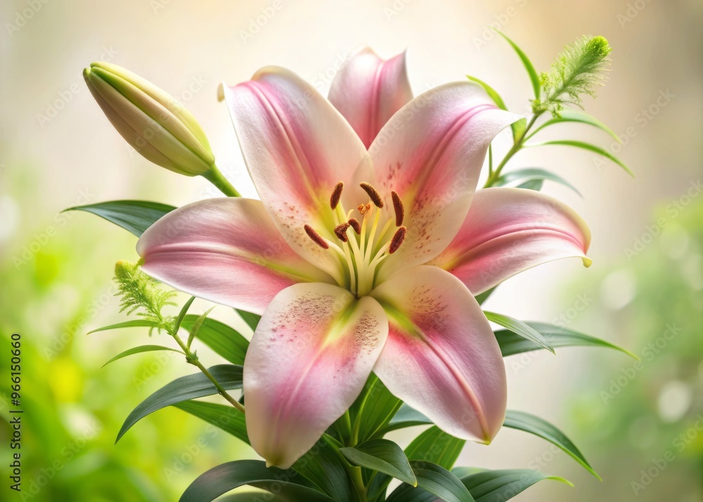 Delicate, soft-petaled pink lily blooms in shades of blush and rose, surrounded by lush green foliage, against a Delicate, soft-petaled pink lily blooms in shades of blush and rose, surrounded by lush green foliage, against a