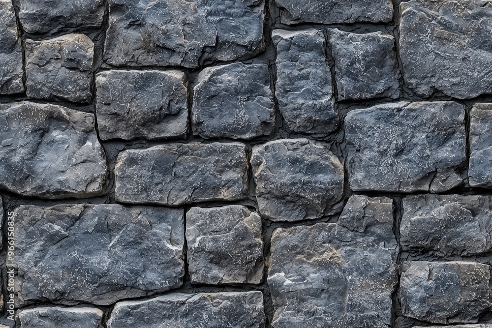 Textured coursed stone cladding wall made of irregularly shaped gray stones. The stones vary in size and shape, creating a natural and rustic appearance. Textured coursed stone cladding wall made of irregularly shaped gray stones. The stones vary in size and shape, creating a natural and rustic appearance.
