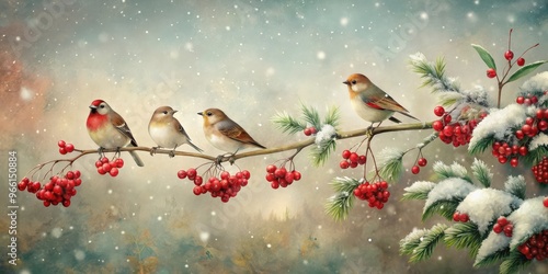 Vintage Christmas card featuring birds perched on a bayberry branch with red berries and snow photo