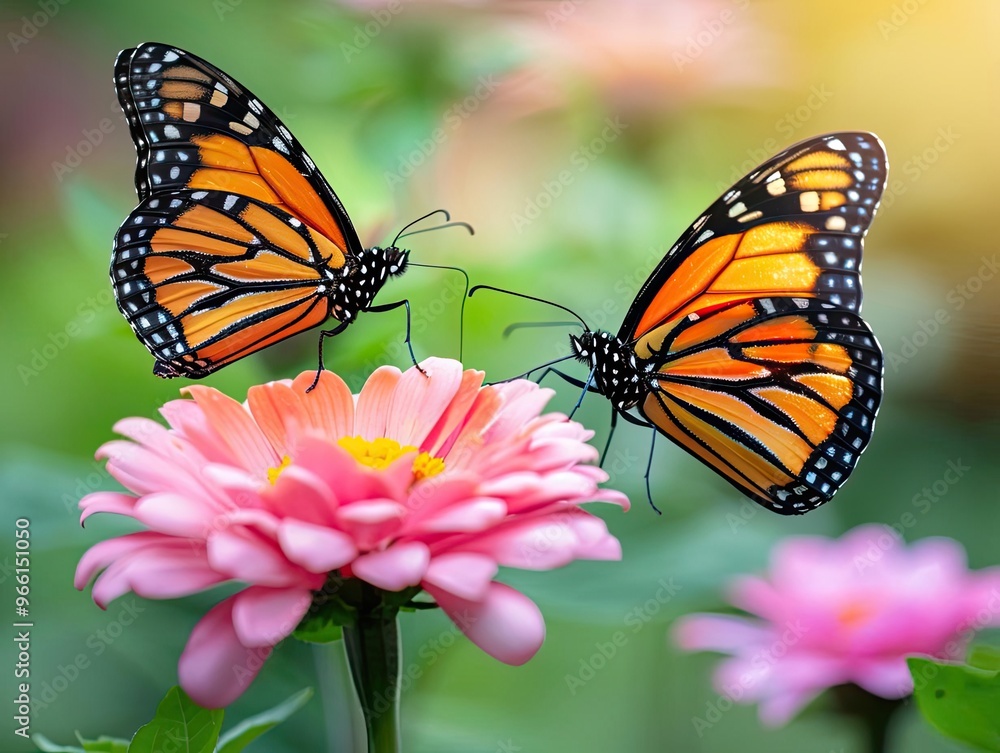 Fototapeta premium A butterfly arriving on a flower, drinking nectar, while another departs, fluttering through a garden