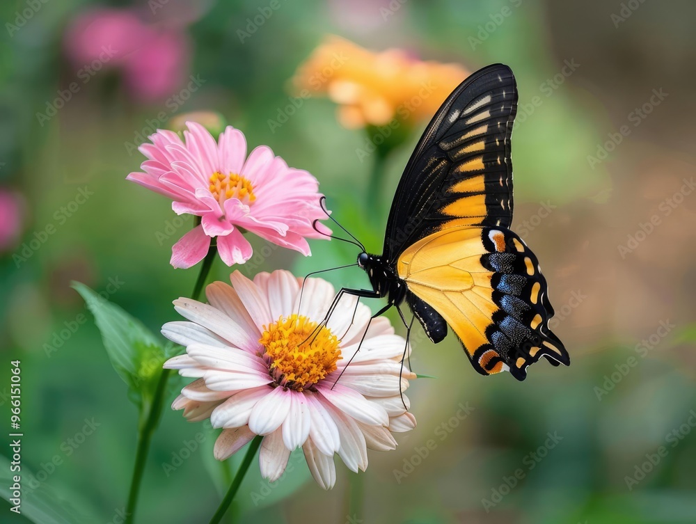 A butterfly arriving on a flower, drinking nectar, while another departs, fluttering through a garden A butterfly arriving on a flower, drinking nectar, while another departs, fluttering through a garden