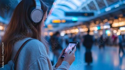 Woman Listening to Music on Headphones While Using Smartphone in Train Station