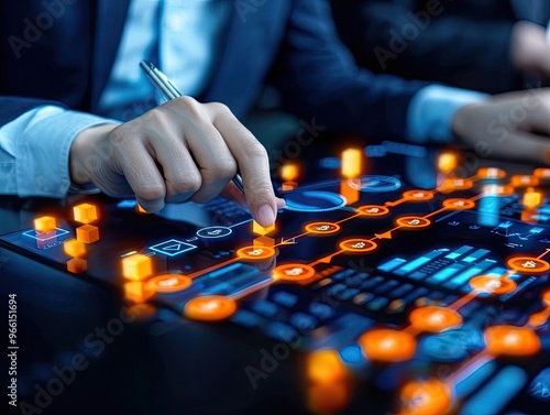 A blockchain consultant presenting to business partners, surrounded by holographic charts and digital nodes, representing cuttingedge strategies in the crypto space photo