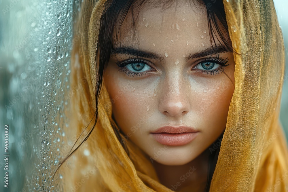 wistful woman in golden scarf gazing through rainstreaked window soft focus capturing melancholic mood muted tones enhancing introspective atmosphere wistful woman in golden scarf gazing through rainstreaked window soft focus capturing melancholic mood muted tones enhancing introspective atmosphere