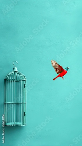 A bird soaring in the open sky, next to a bird in a closed cage, symbolizing freedom vs. captivity photo