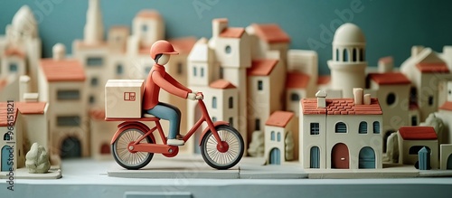 3D clay-style bicycle courier pedaling through a lively town with a delivery box attached to the back Large space for text in center Stock Photo with copy space