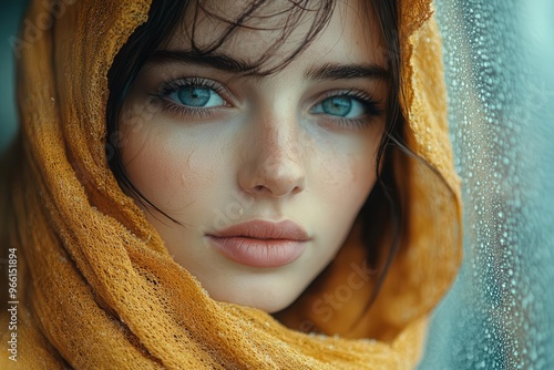 wistful woman in golden scarf gazing through rainstreaked window soft focus capturing melancholic mood muted tones enhancing introspective atmosphere photo