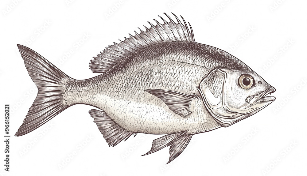 Obraz premium Fish sketch dorado gilt-head bream. Vintage retro print, black white gilt-head bream fish sketch ink pencil style drawing, linear drawing, engrave old school. Sketch artwork dorado fish. Illustration
