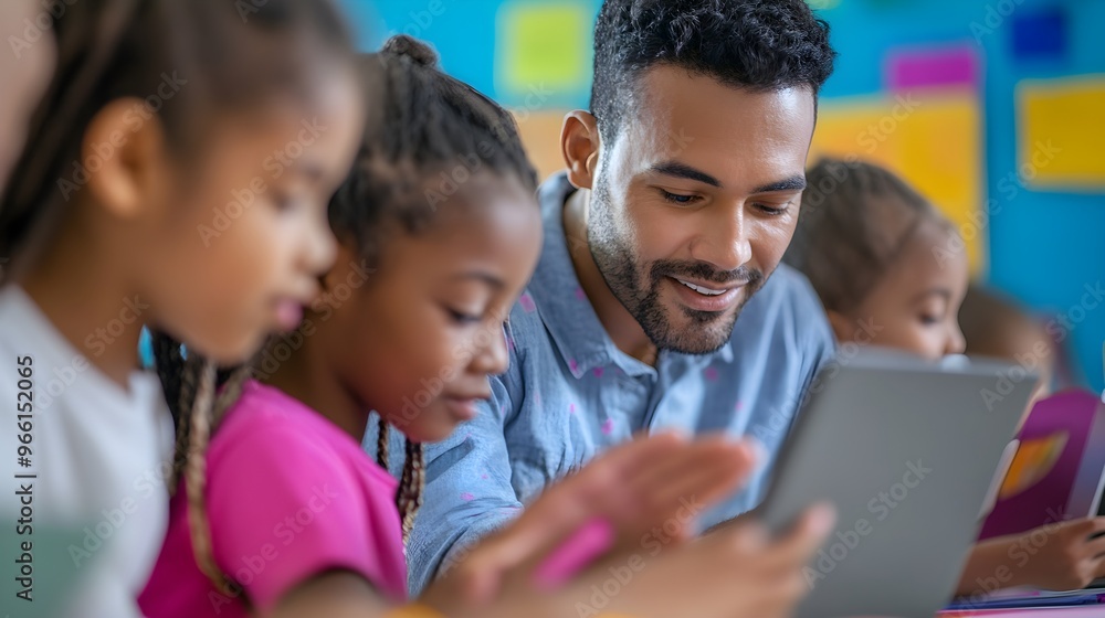 Diverse Students Learning with Teacher Using Tablet in Classroom Diverse Students Learning with Teacher Using Tablet in Classroom