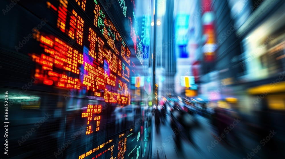 Vibrant cityscape with illuminated stock market display at dusk showcasing financial activity and urban life in motion Vibrant cityscape with illuminated stock market display at dusk showcasing financial activity and urban life in motion