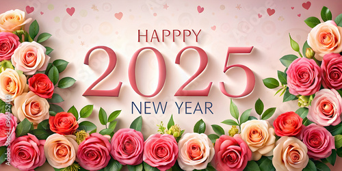 happy new year 2025 card with flower roses
