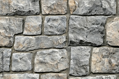 Textured coursed stone cladding wall made of irregularly shaped gray stones, showcasing natural variations in color and texture.