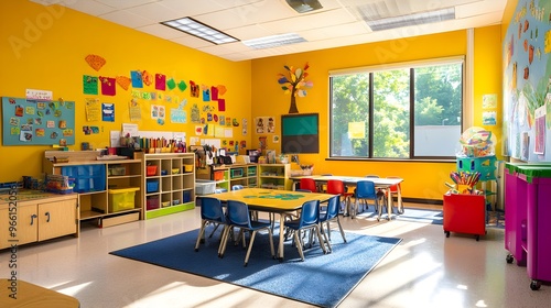 Colorful Classroom Interior with Tables and Chairs  Kids Playroom  Learning Environment